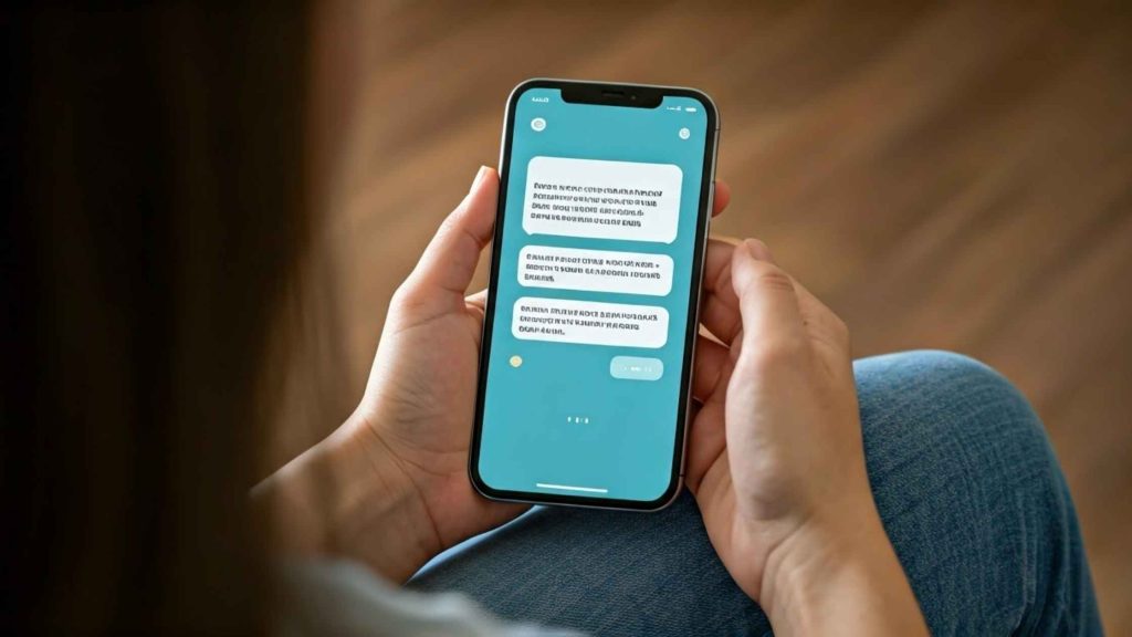 A smartphone displaying an AI mental health chatbot having a friendly conversation with a user, providing emotional support in real-time.