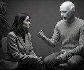 AI in mental health care featuring an AI assistant providing emotional support during a therapy session, symbolizing the integration of technology in modern therapy.