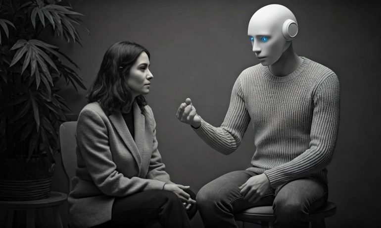 AI in mental health care featuring an AI assistant providing emotional support during a therapy session, symbolizing the integration of technology in modern therapy.
