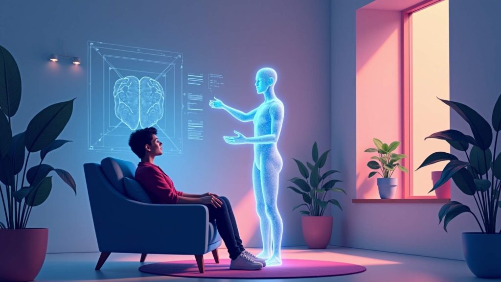A futuristic therapy session with a human therapist and AI assistant collaborating, with a soothing, modern setting symbolizing the future of AI in mental health care.